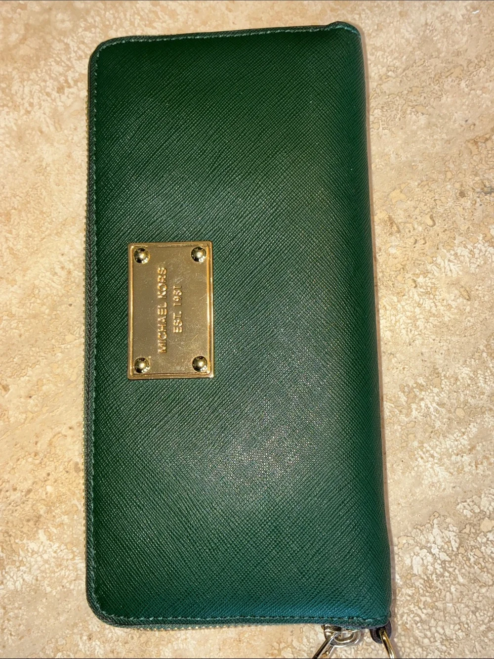 Michael Kors Forest Green Saffiano Zip-Around Wallet with Gold Plate